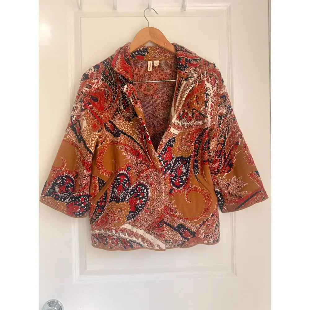 Moth By Anthropologie‎ XS Retro Intarsia Paisley Boho 3/4 Sleeve Blazer Jacket